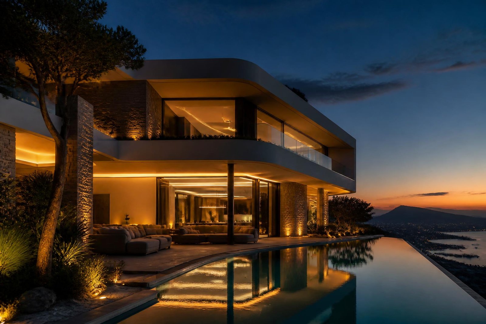 Luxury villa illuminated by KERR facade lighting at dusk
