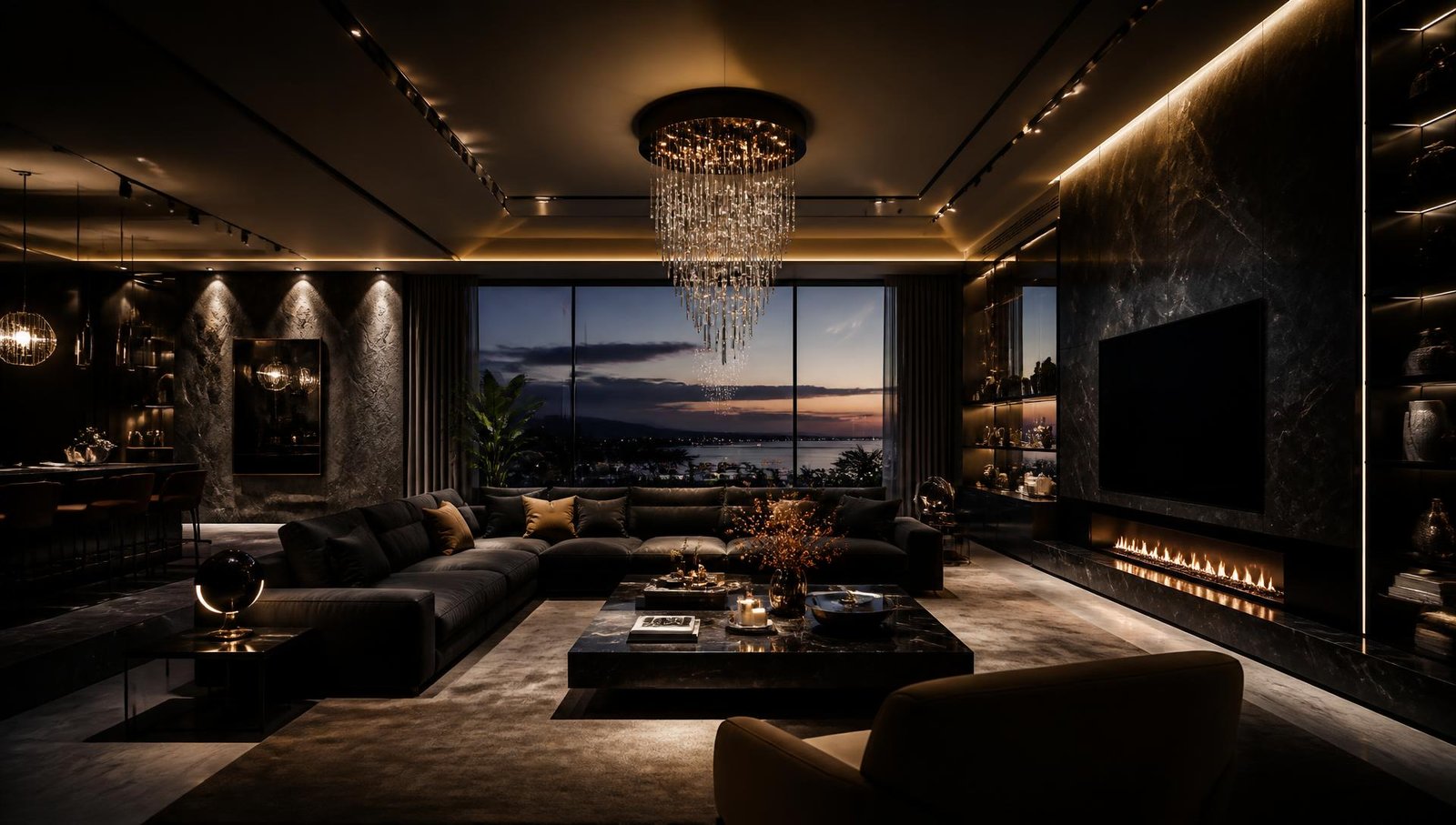 Luxury living room with layered architectural lighting, crystal chandelier, COB downlights and warm cove lighting