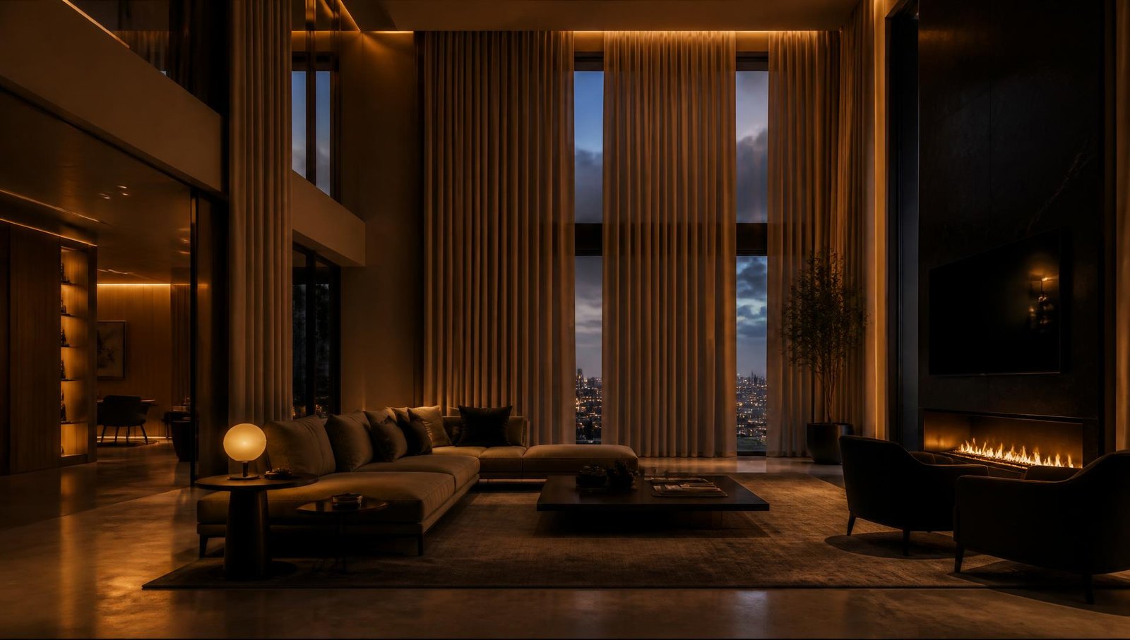 Luxury double-height living room at dusk with motorised curtains